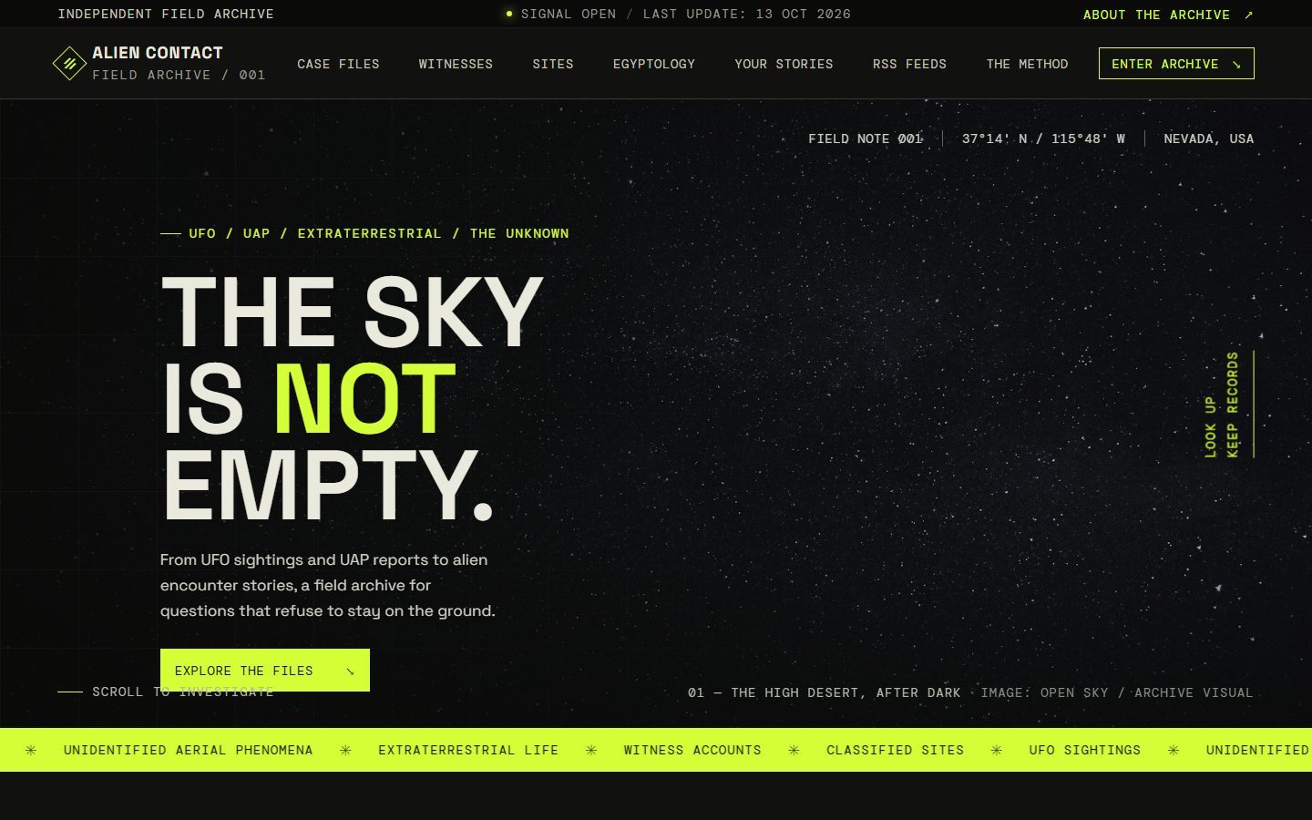 Screenshot of the Alien Contact website